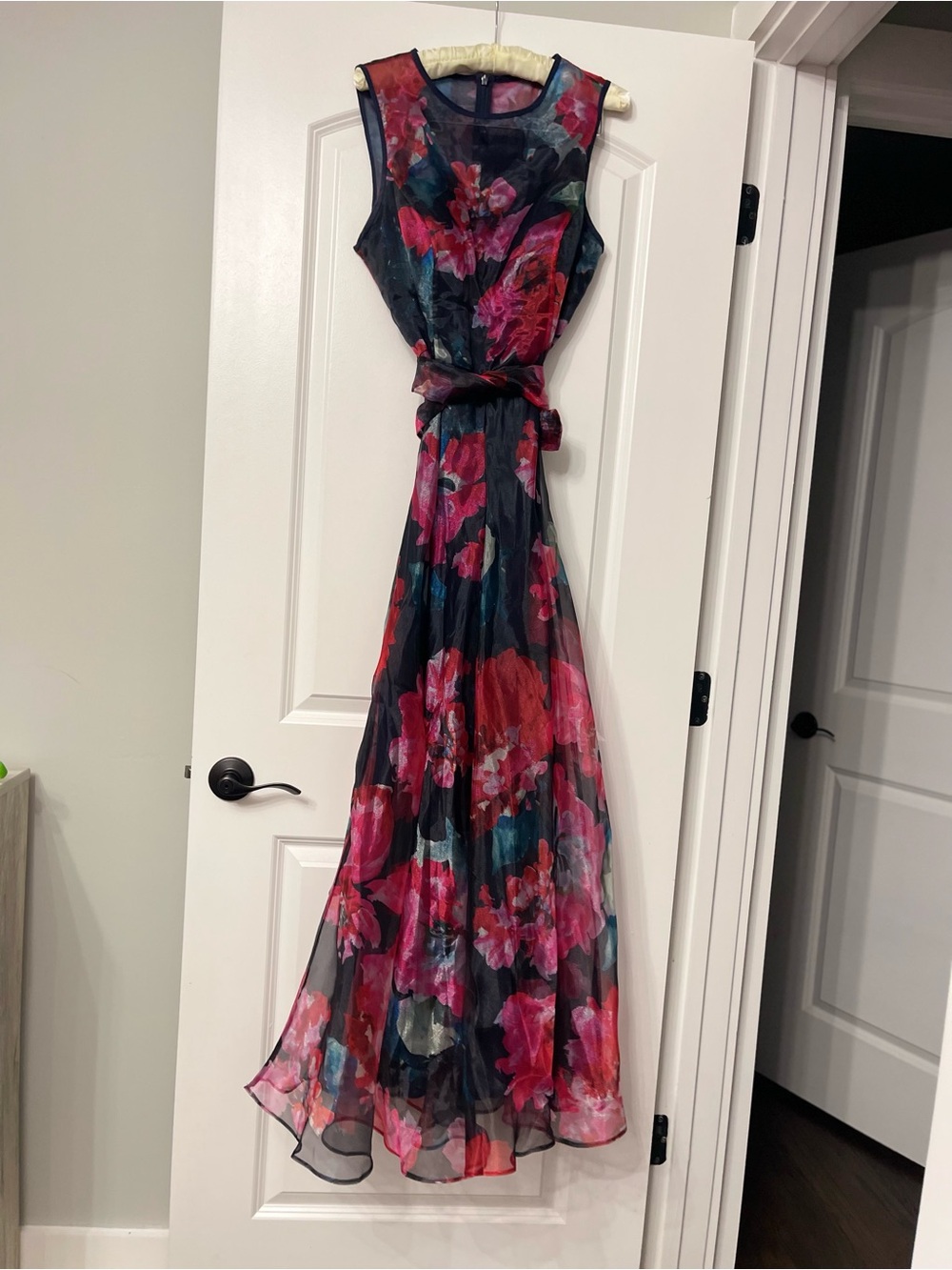 Eliza J. Floral Blue and Red Organza Wide Leg Jumpsuit Size 14 Quiet Luxury Y2k - Picture 8 of 15
